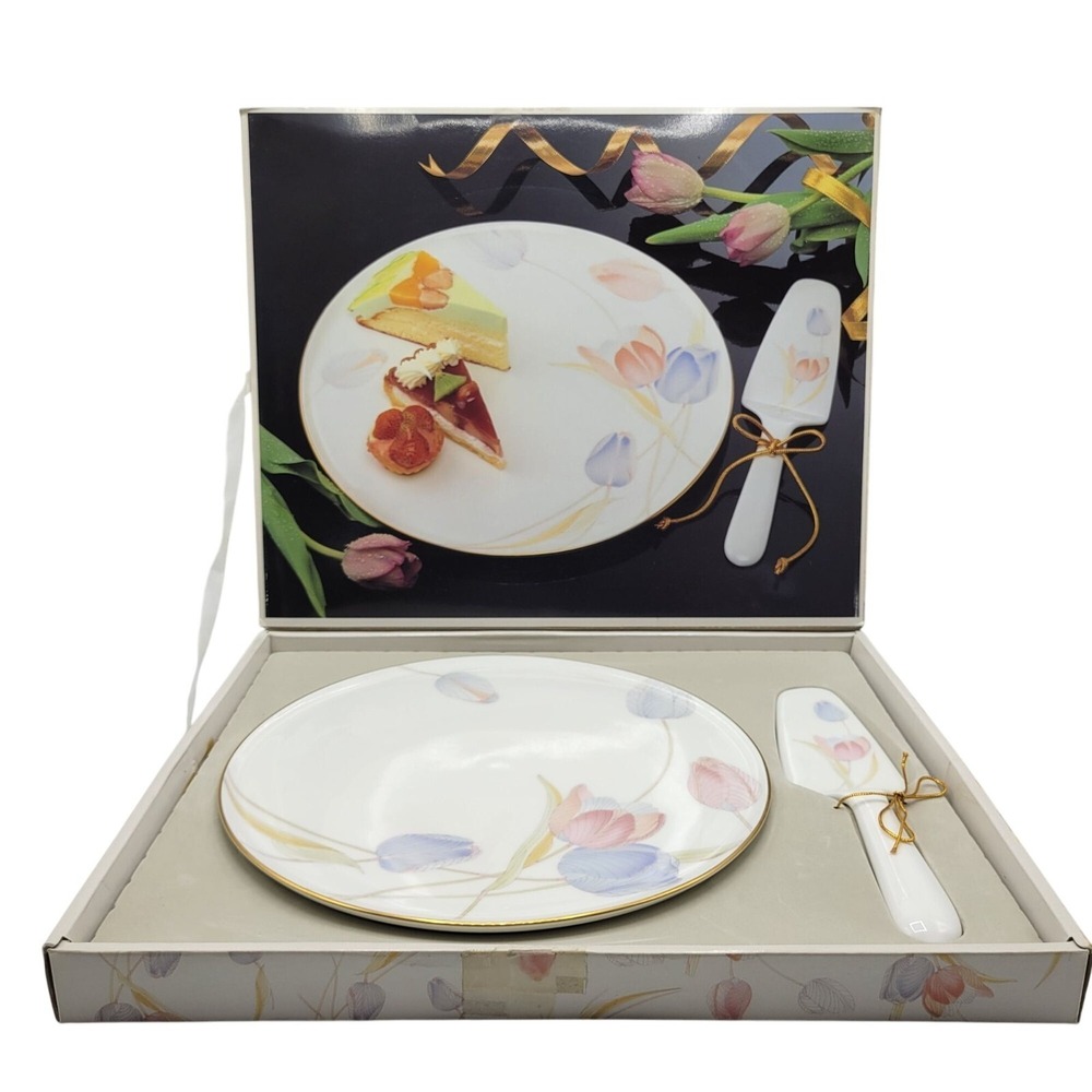 Mikasa Bone China Cake Plate & Server Set Swiss Garden 12" Pastel Floral Design